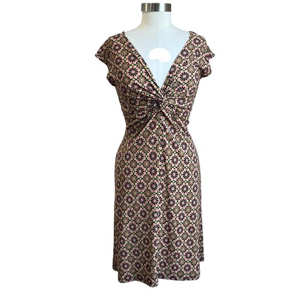 90s Lizzatti Poly Spandex Floral Printed Knot Front V Neck Short Dress Size 10 P - Picture 1 of 6